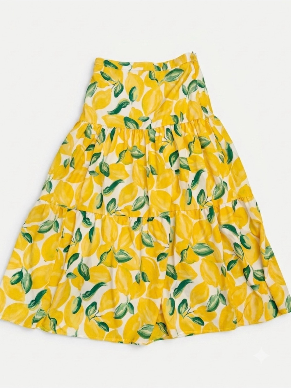 Yellow Lemon Print Tiered Midi Skirt